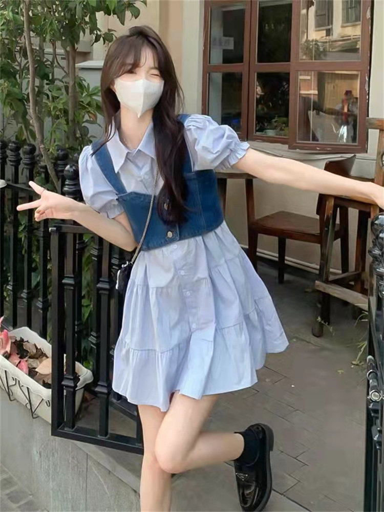 蓝色衬衫polo连衣裙女夏季法式小众设计收腰牛仔马甲裙子两件套装,女装/女士精品,大码连衣裙,淘宝优惠券,粉丝福利购,淘宝优惠卷