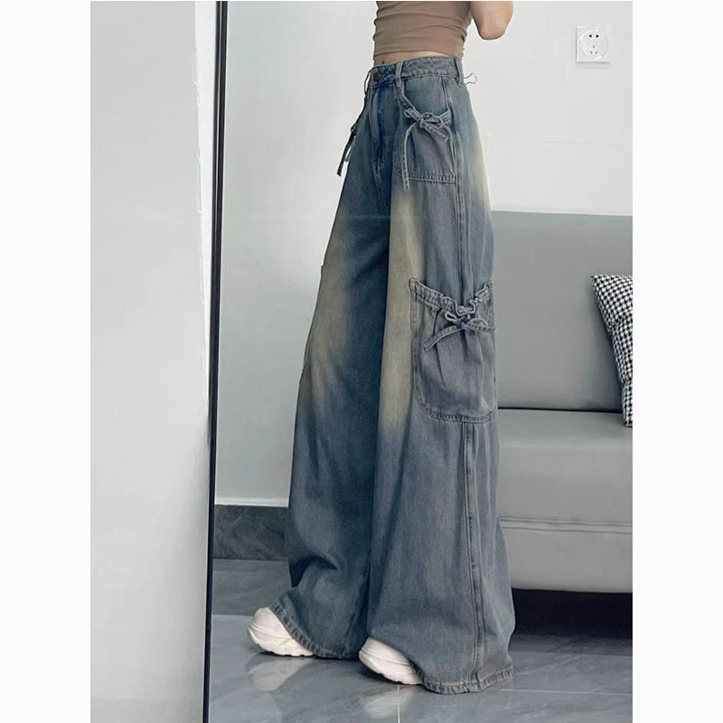 蝴蝶结绑带工装牛仔裤裤子女款设计感工装长裤宽松显瘦直筒阔腿裤,女装/女士精品,大码裤装,淘宝优惠券,粉丝福利购,淘宝优惠卷