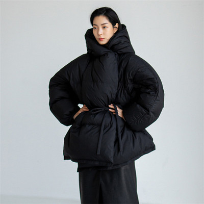 冬装新款连帽短款棉衣韩版宽松大码时尚休闲系带收腰羽绒棉服外套