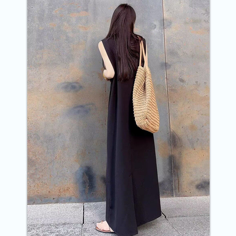 纯诗曼新款无袖V领连衣裙女到裹脚宽松大码气质显瘦百搭休闲长裙