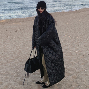 纯诗曼冬装新款黑色长款菱格棉衣女加厚气质显瘦炸街保暖棉服外套