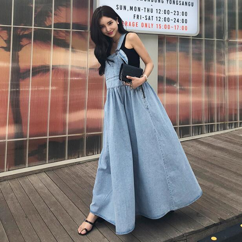 新款吊带牛仔连衣裙女过膝长款韩版宽松大码时尚大摆背带休闲裙子