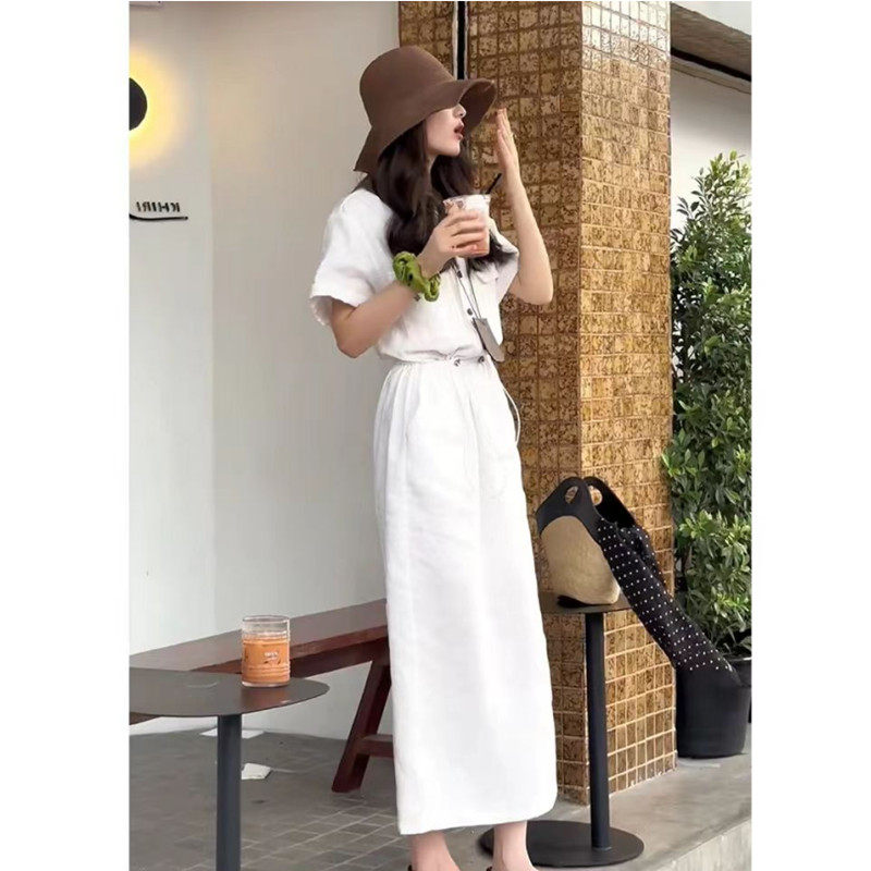 纯诗曼夏装新款法式老钱风白色亚麻连衣裙女夏收腰长裙气质通勤裙