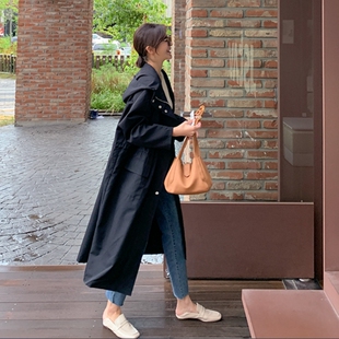 春秋新款连帽中长款风衣外套女韩版宽松大码休闲时尚气质百搭上衣