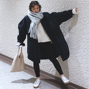 新款绿格子衬衫式毛呢外套女中长款韩版宽松大码时尚休闲呢子大衣