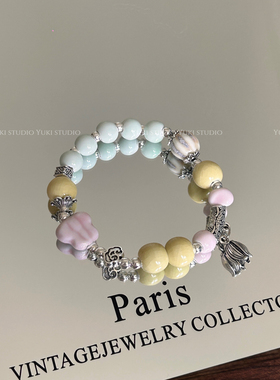 粉蝴蝶新款文艺复古民族风手链女学生配饰景德镇陶瓷饰品手串