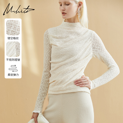 Mhiti立领镂空格纹蕾丝针织衫女