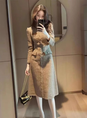 法式气质名媛高端轻奢高级感小香风长裙端庄大气卡其色连衣裙冬季