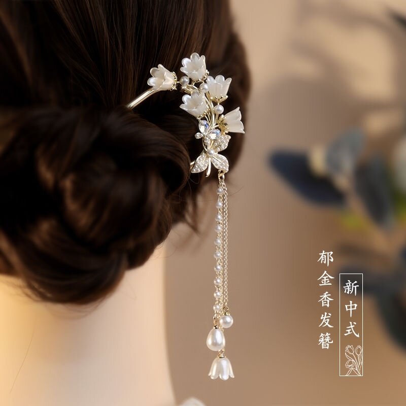 古风流苏花朵发饰女U型发簪高级感盘发簪子步摇发钗衩梳旗袍头饰