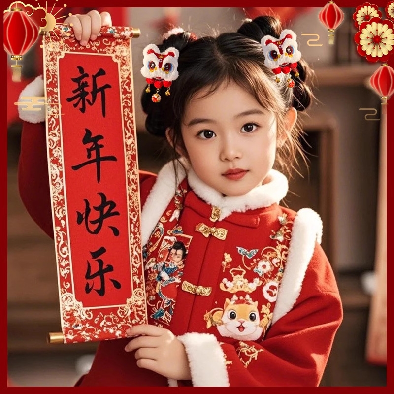 新年红色发夹儿童喜庆蝴蝶结过年发饰古风头饰中国风女童汉服发卡
