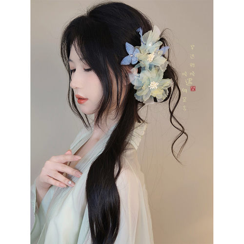 美人宋制汉服发饰牡丹手工烫花侧边发夹薄纱仙气绢花古风国风头饰