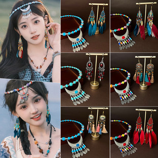 复古异域民族风饰品波西米亚项链羽毛耳环套装旅行拍照挂件额头饰