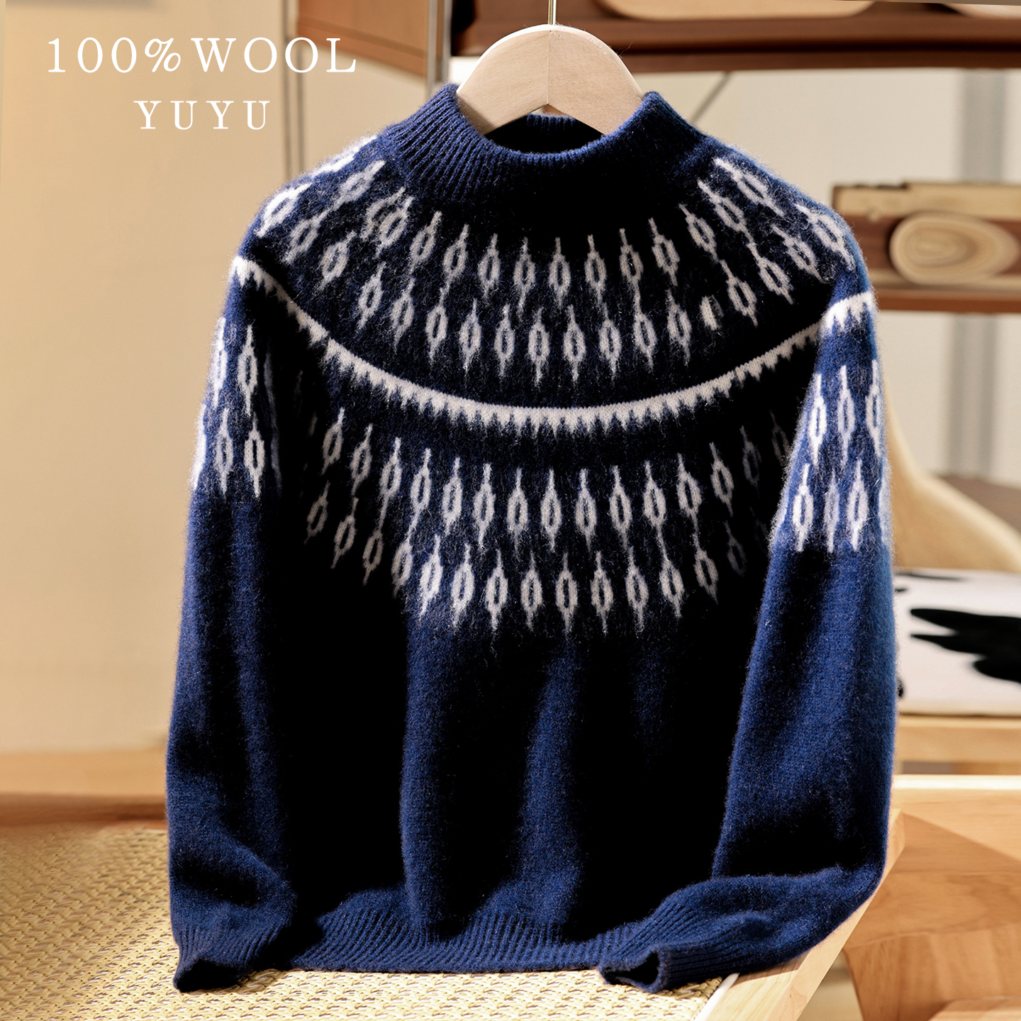 秋冬100%羊毛衫费尔岛提花毛衣男女童装半高领加厚针织打底羊绒衫