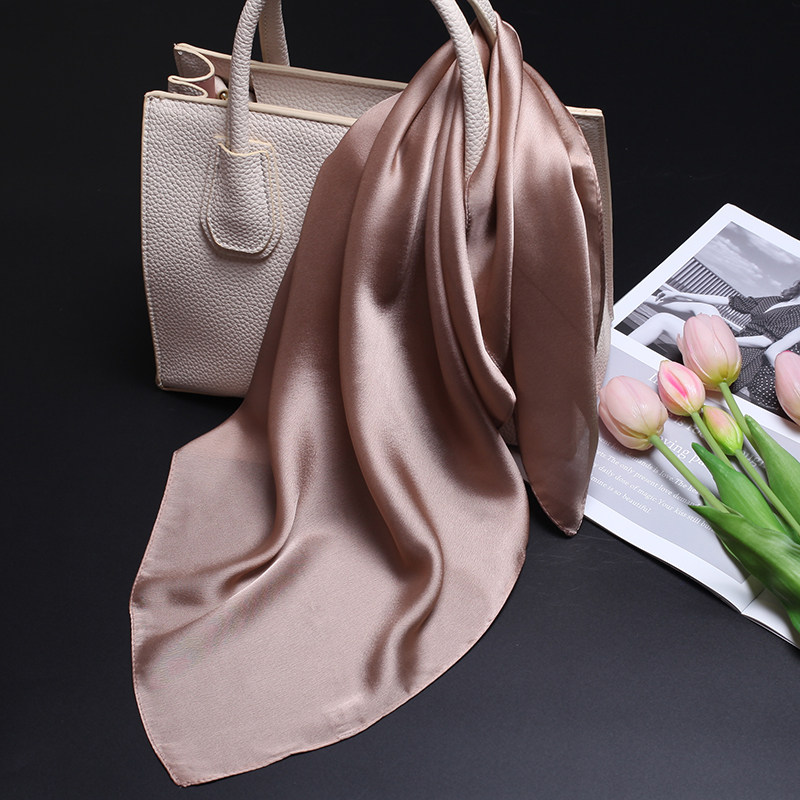 真丝小方巾丝巾女杭州春秋夏季百搭薄款防晒时尚围巾披肩杏卡其色