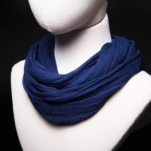 高品质纯色桑蚕丝细条丝巾女简约真丝脖套围脖薄款保暖围巾深蓝色