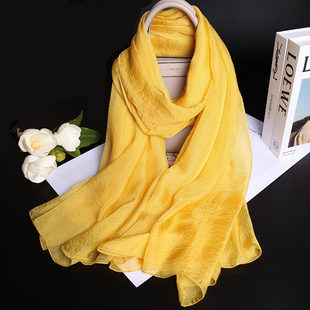 洋气真丝丝巾女秋冬超大尺寸围巾春夏透气纱巾装饰外搭披肩明黄色
