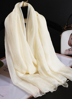 高档真丝围巾女柔软有垂感桑蚕丝丝巾春夏季秋冬天薄款披肩米白色