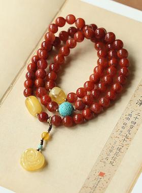 天然三圈火焰红南红手链绿松石回纹珠搭蜜蜡桶珠吊蜜蜡玫瑰花手串