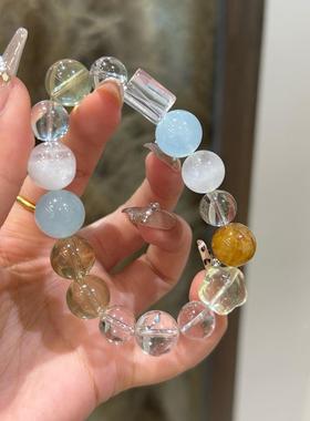 巧恩彩色糖果天然白水晶柠檬晶海蓝宝幽灵胶花多宝手串女手链时尚