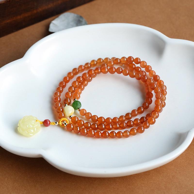 天然南红玛瑙珠蜜蜡玫瑰花手串女原创设计三圈手链喜庆本命年气质