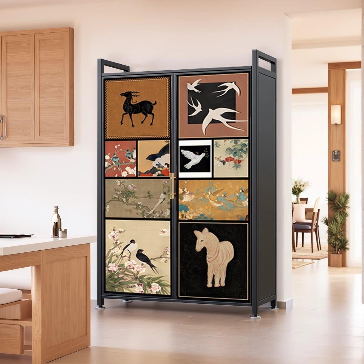 中古风家用厨房置物架微波炉锅碗多功能橱柜落地多层防尘储物柜子