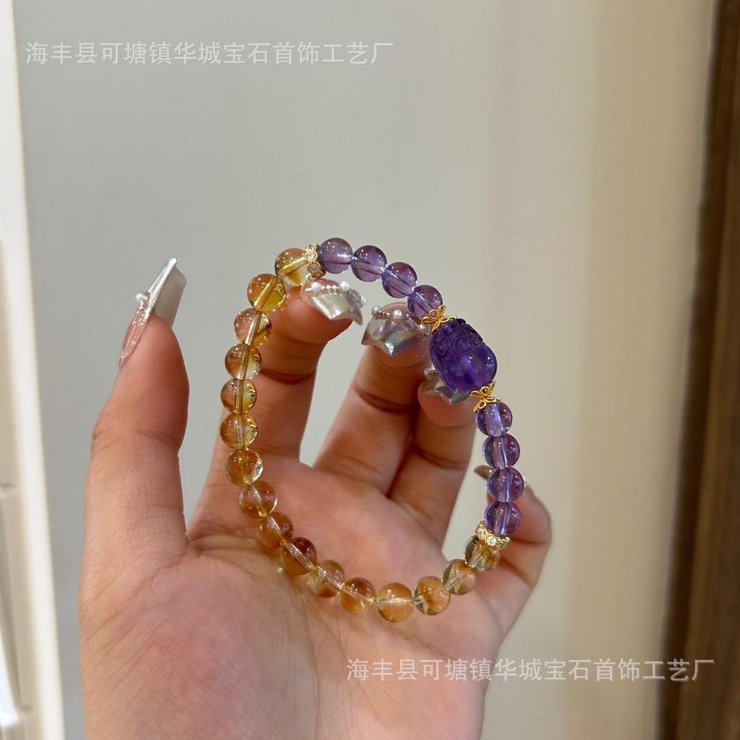 巧恩新款天然紫水晶招财手串黄塔晶爆款紫水晶貔貅手链女