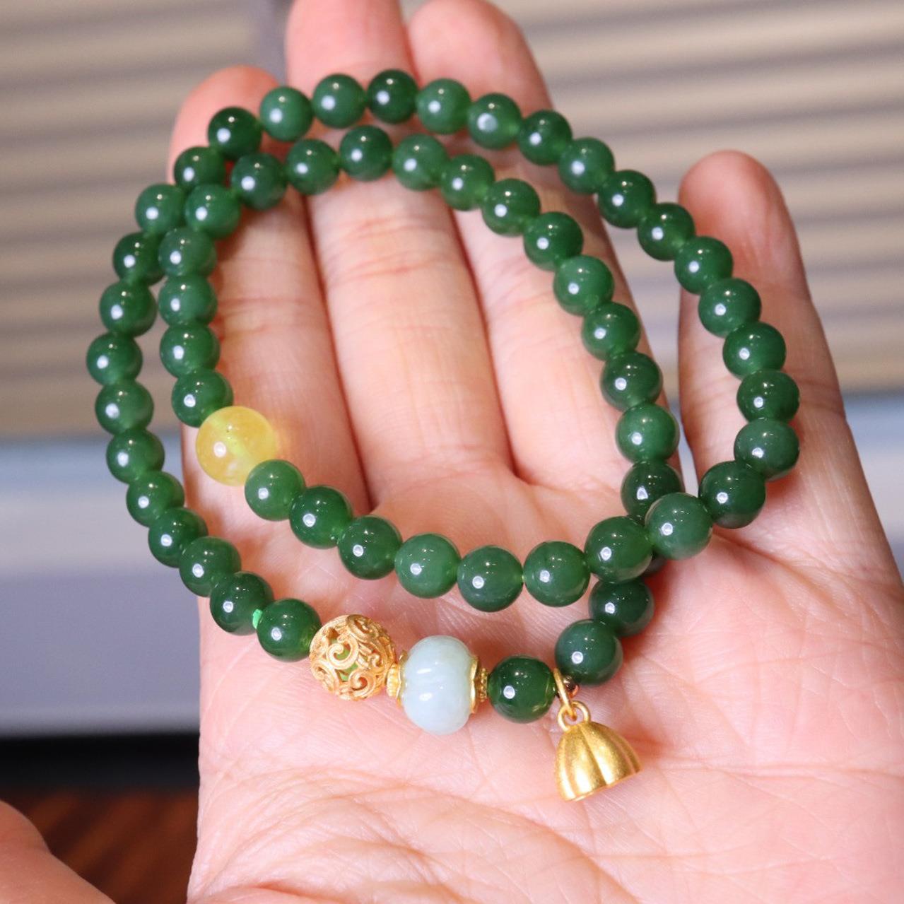 天然6MM双圈碧玉手链 925银镀金绣球吊坠手串女款 中国风手饰