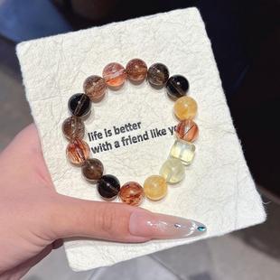 天然黑金超七多宝水晶手串搭配茶晶 黄胶花 红胶花 方糖手链定制