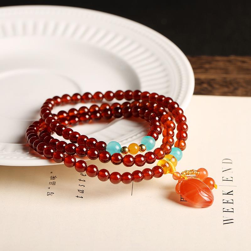 天然橙红石榴石手链绕三圈5.5mm圆珠 三圈配搭蜜蜡南红DIY手串