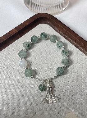 巧恩天然绿色水晶手链女圆珠串珠蓝月光石手串透体蓝光气质拉长石