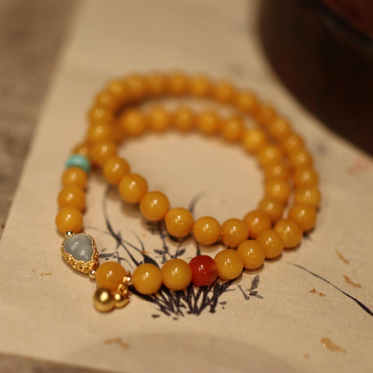 天然7MM蜜蜡手链双圈蓝水翡翠葫芦手串女复古民族风手饰品送女友