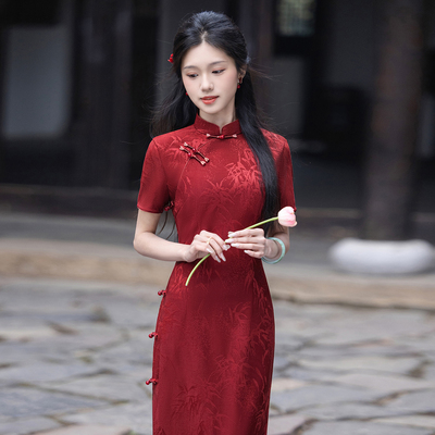 夏季红色订婚旗袍连衣裙日常可穿