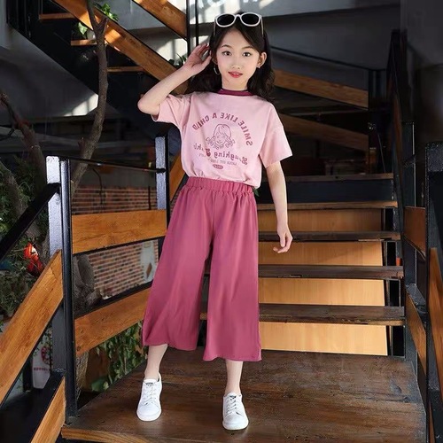 Girls' new summer suit, big boys' foreign style, fashionable short sleeved wide leg pants, two-piece children's suit