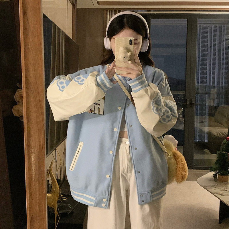 猫爪刺绣撞色外套粉色棒球服男女秋季新款百搭宽松情侣款皮袖夹克