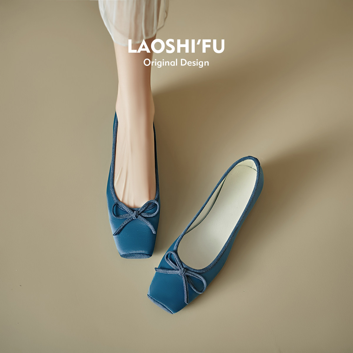 羊皮版！3cm内增高气质蓝色单鞋女春新款软底浅口蝴蝶结芭蕾舞鞋
