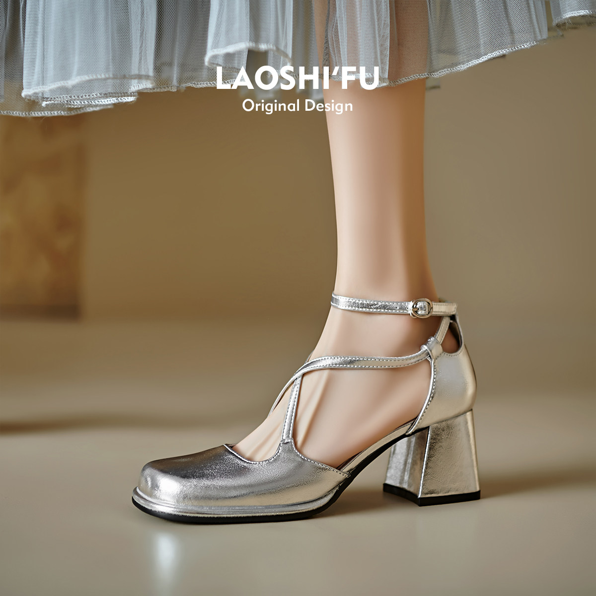 羊皮版！法式方头粗跟玛丽珍鞋女春夏新款复古交叉带银色高跟单鞋