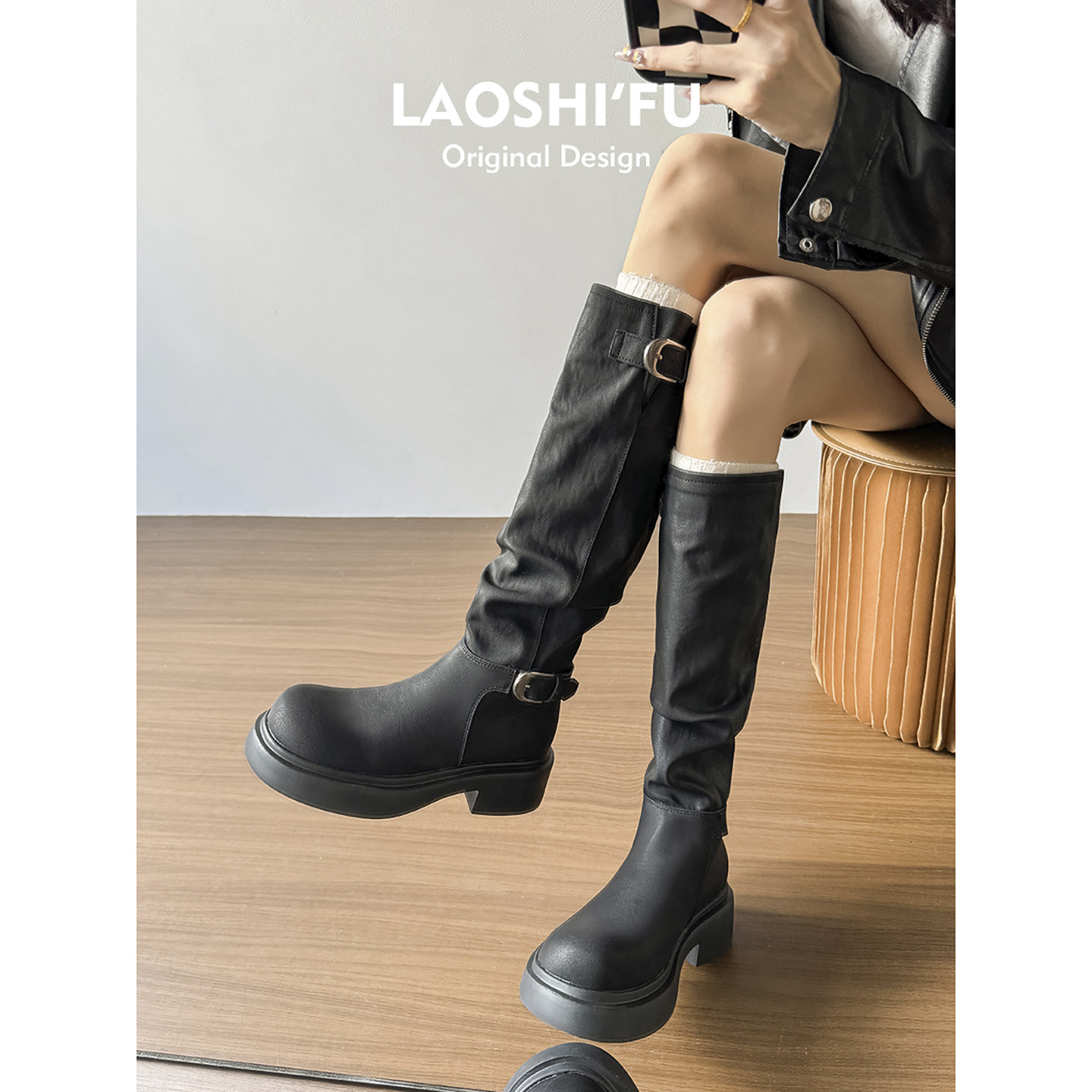 美拉德厚底复古长筒靴女2025新款辣妹褶皱堆堆靴皮带扣高筒骑士靴