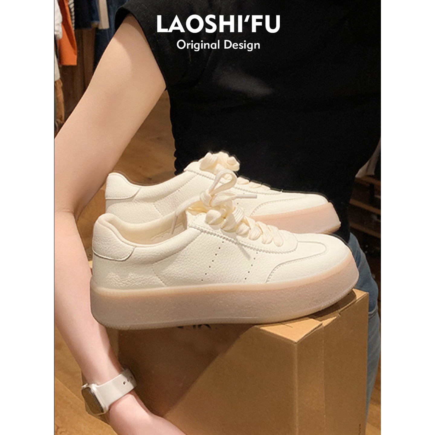 真皮~法式圆头厚底增高小白鞋女2025新款系带休闲运动鞋德训板鞋