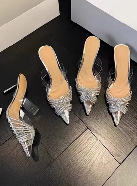 尖头交叉水钻高跟鞋25新款透明甜美一字带凉拖鞋细跟宴会仙女鞋