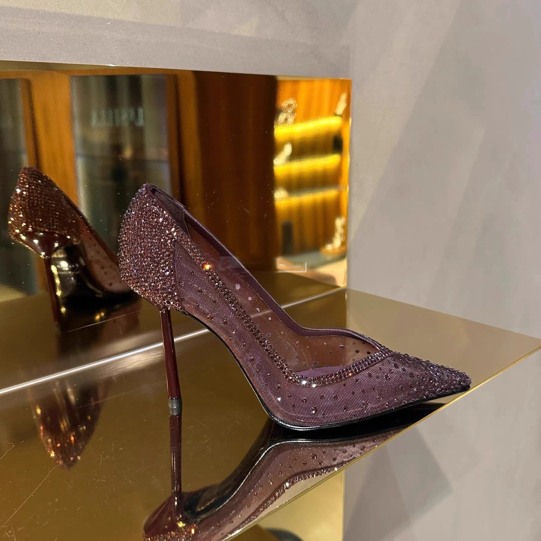 网面水钻酒红尖头细高跟鞋女