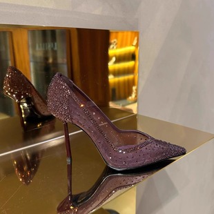 网面水钻酒红尖头细高跟鞋女2025新款水晶鞋气质性感闪钻宴会单鞋