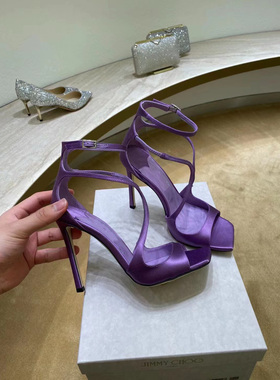 一字带夏季凉鞋2023新款方头紫色缎面高跟鞋欧美浅口细跟女士单鞋