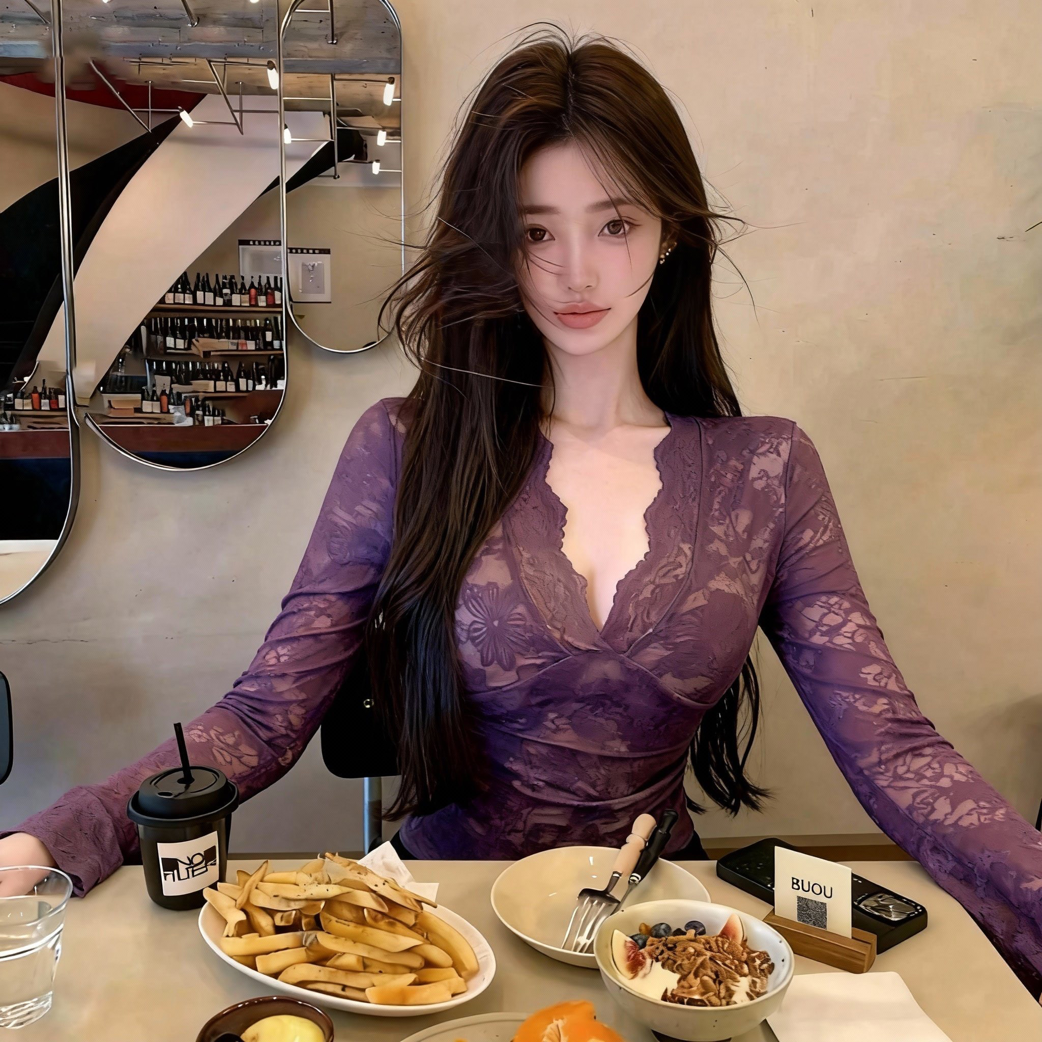 紫色性感V领蕾丝显瘦打底衫