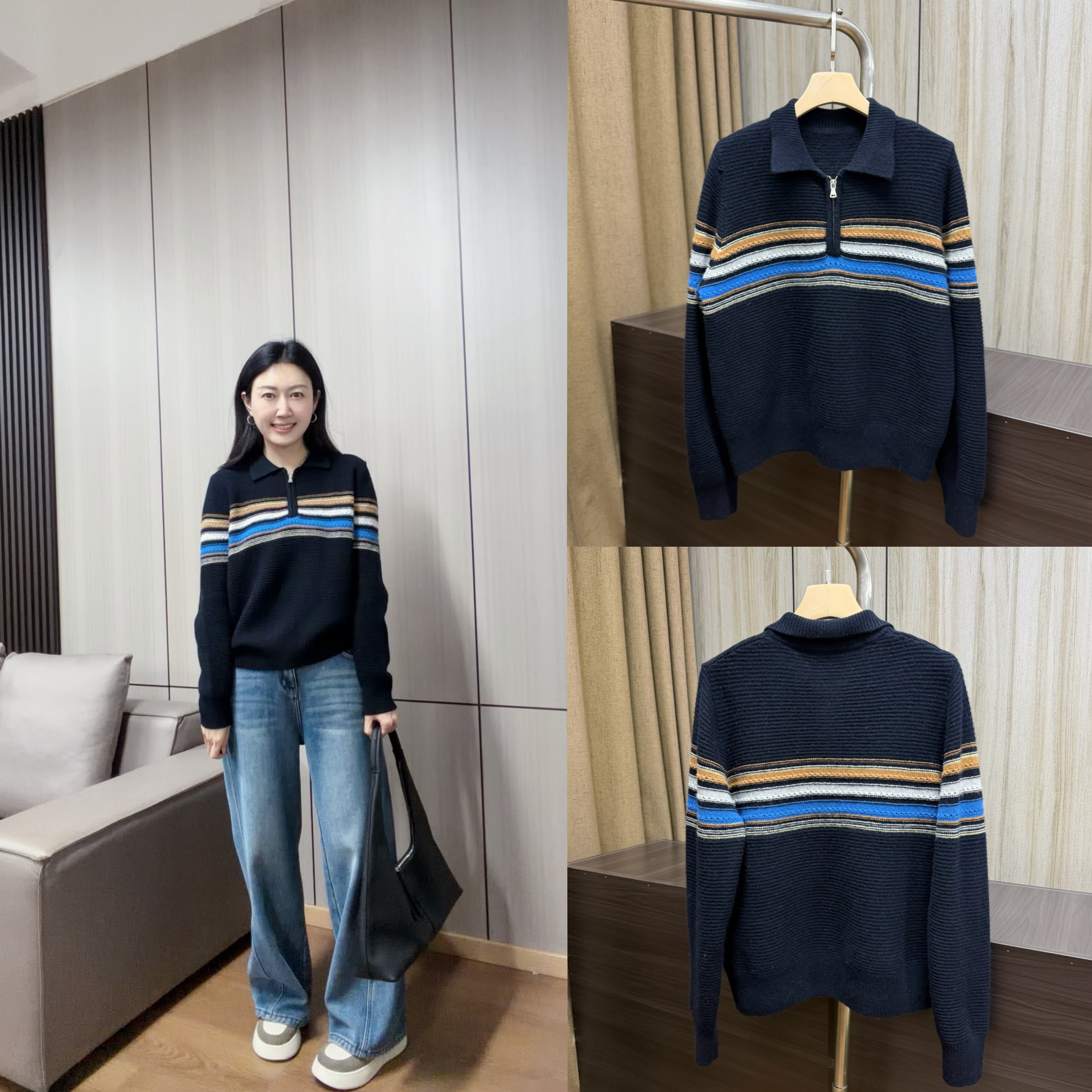 丽的城28378翻领半拉链藏青色宽松毛衣针织衫,女装/女士精品,毛衣,淘宝优惠券,粉丝福利购,淘宝优惠卷