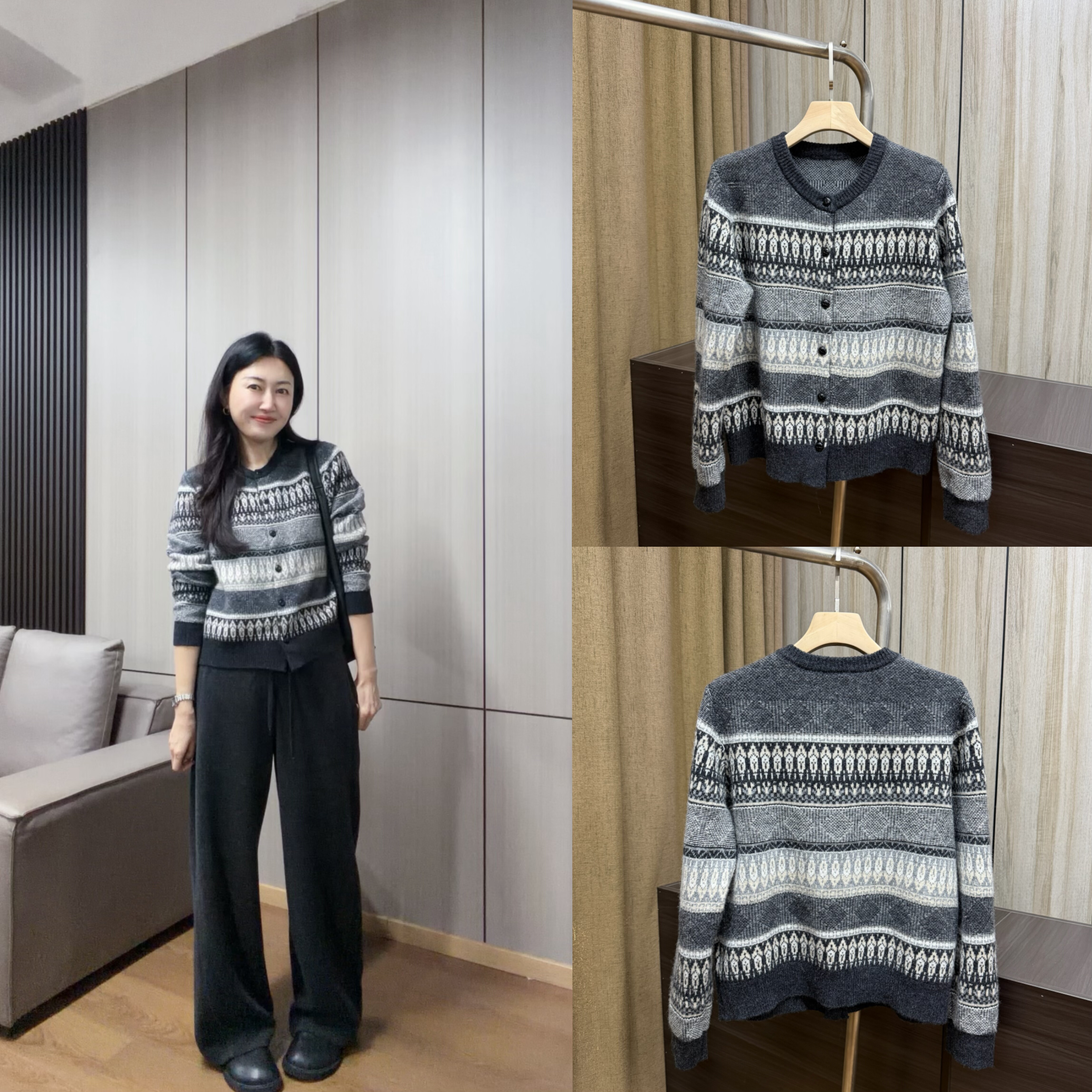 丽的城3511圆领花色长袖毛衣开衫