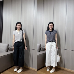 丽的城6178翻领细条纹短袖针织衫