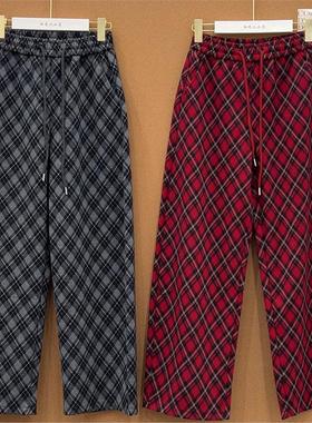 长裤百搭复古2026腰大码休闲裤格子裤新款103cm长女高年宽松春季
