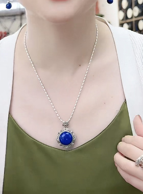 天然青金石圆形吊坠S925纯银镀金麻花编织纹锁骨链配坠女复古挂坠