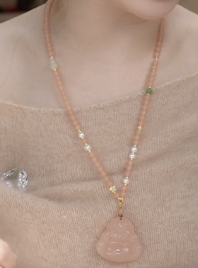 藕粉阿富汗玉佛公吊坠项链女轻奢小众设计感高级百搭毛衣链配饰品
