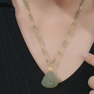 弥勒佛天然和田玉项链女夏纯银锁骨链玉石无事牌玉坠碧玉吊坠玉佛